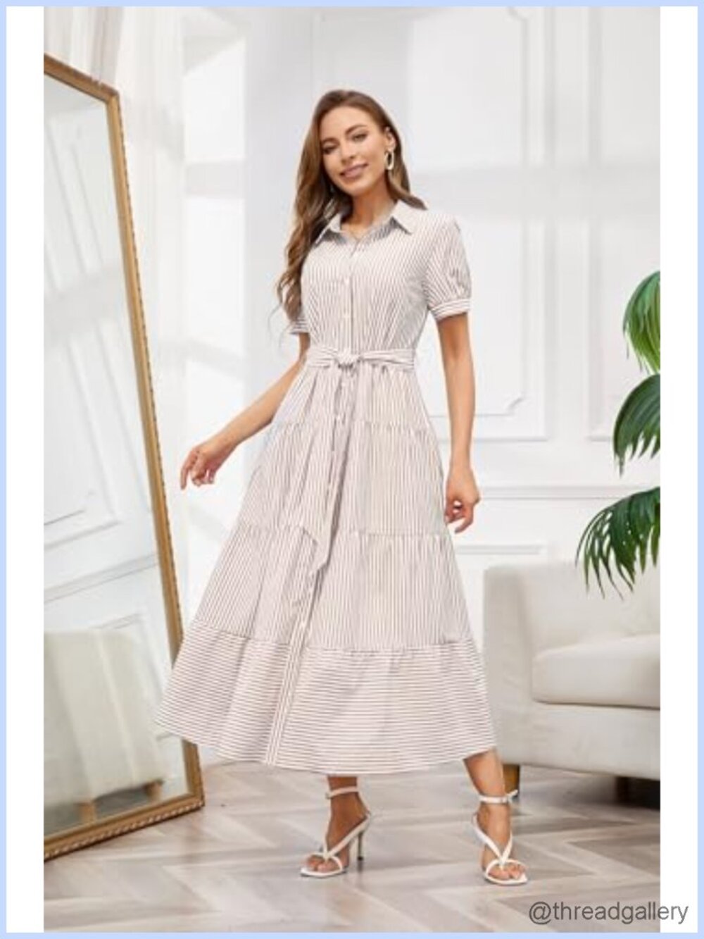 Womens Button Down Tie Waist Ruffled Striped Maxi Shirt Dress Short Sleeve - Picture 5 of 6